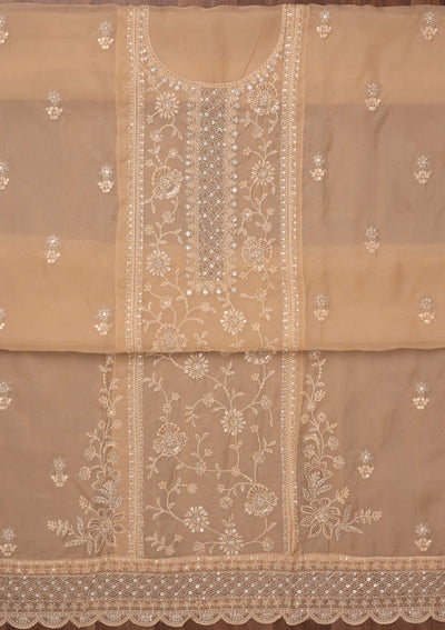 Beige Zariwork Semi Crepe Unstitched Salwar Suit-Koskii