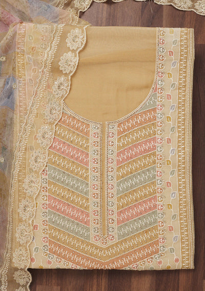 Beige Zariwork Semi Crepe Unstitched Salwar Suit-Koskii