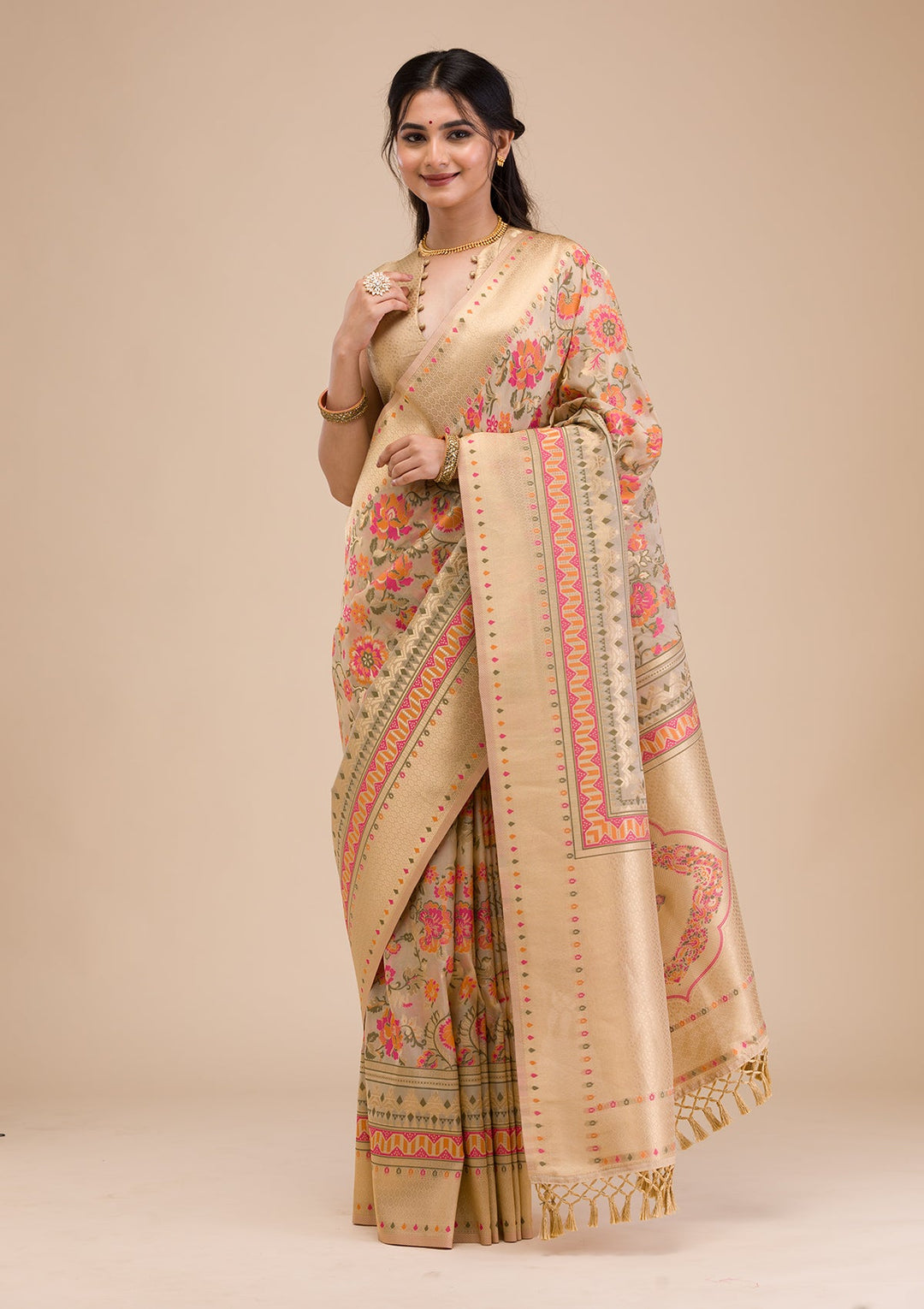 Beige Zariwork Soft Silk Saree-Koskii