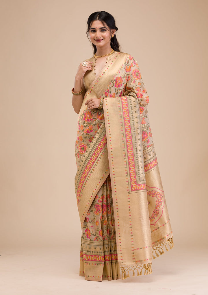 Beige Zariwork Soft Silk Saree-Koskii