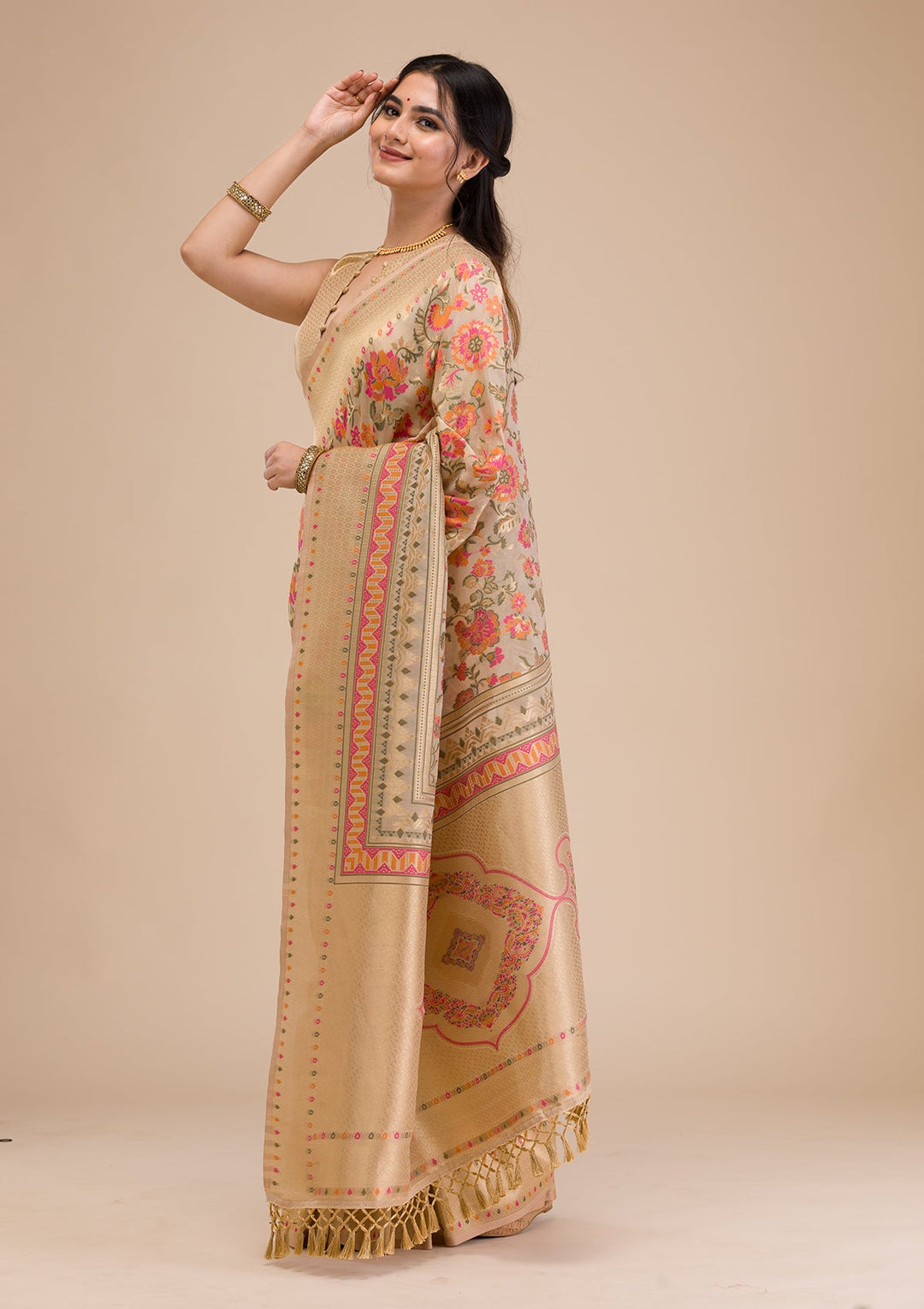 Beige Zariwork Soft Silk Saree-Koskii