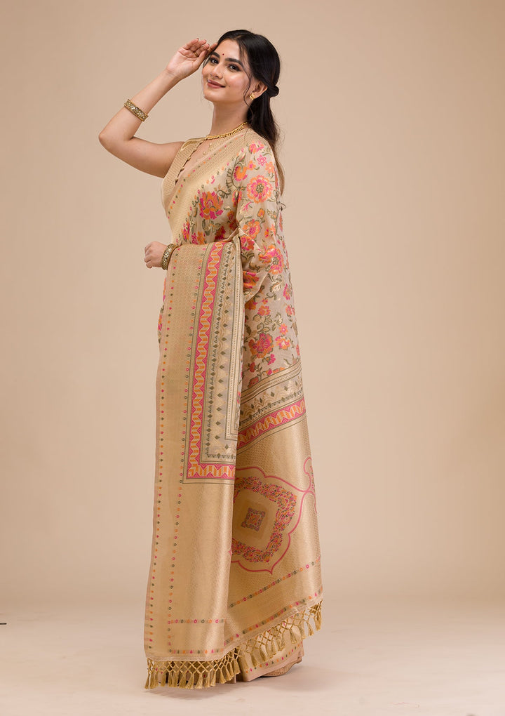 Beige Zariwork Soft Silk Saree-Koskii