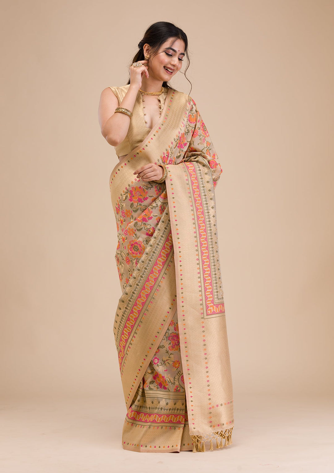 Beige Zariwork Soft Silk Saree-Koskii