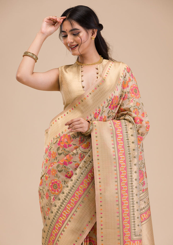 Beige Zariwork Soft Silk Saree-Koskii