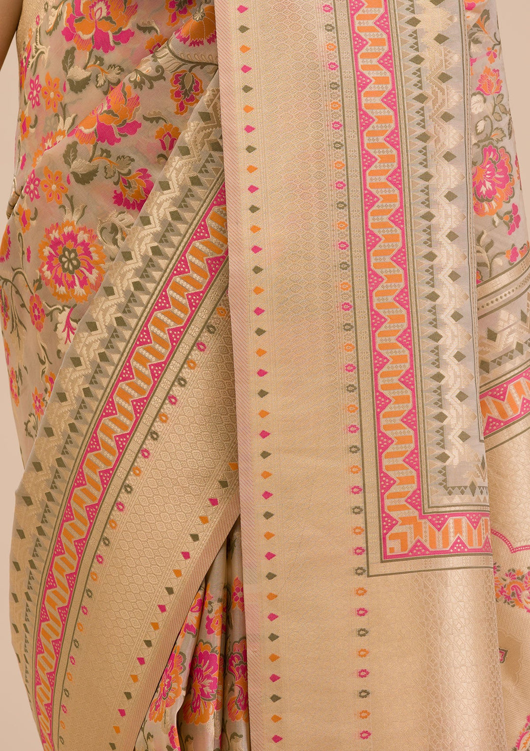 Beige Zariwork Soft Silk Saree-Koskii