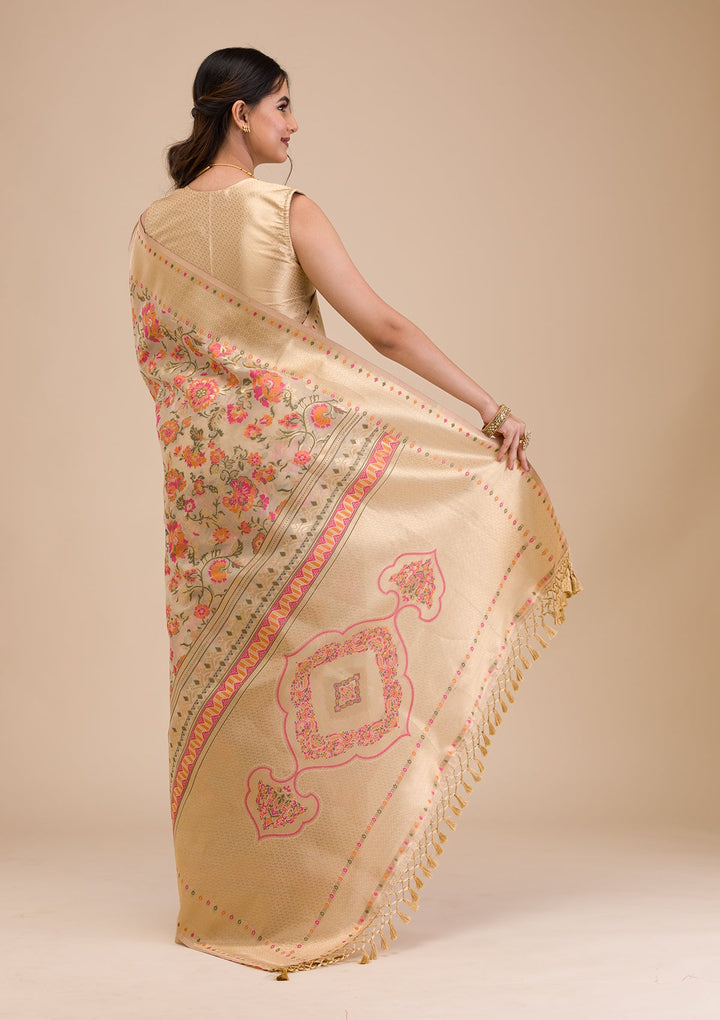 Beige Zariwork Soft Silk Saree-Koskii