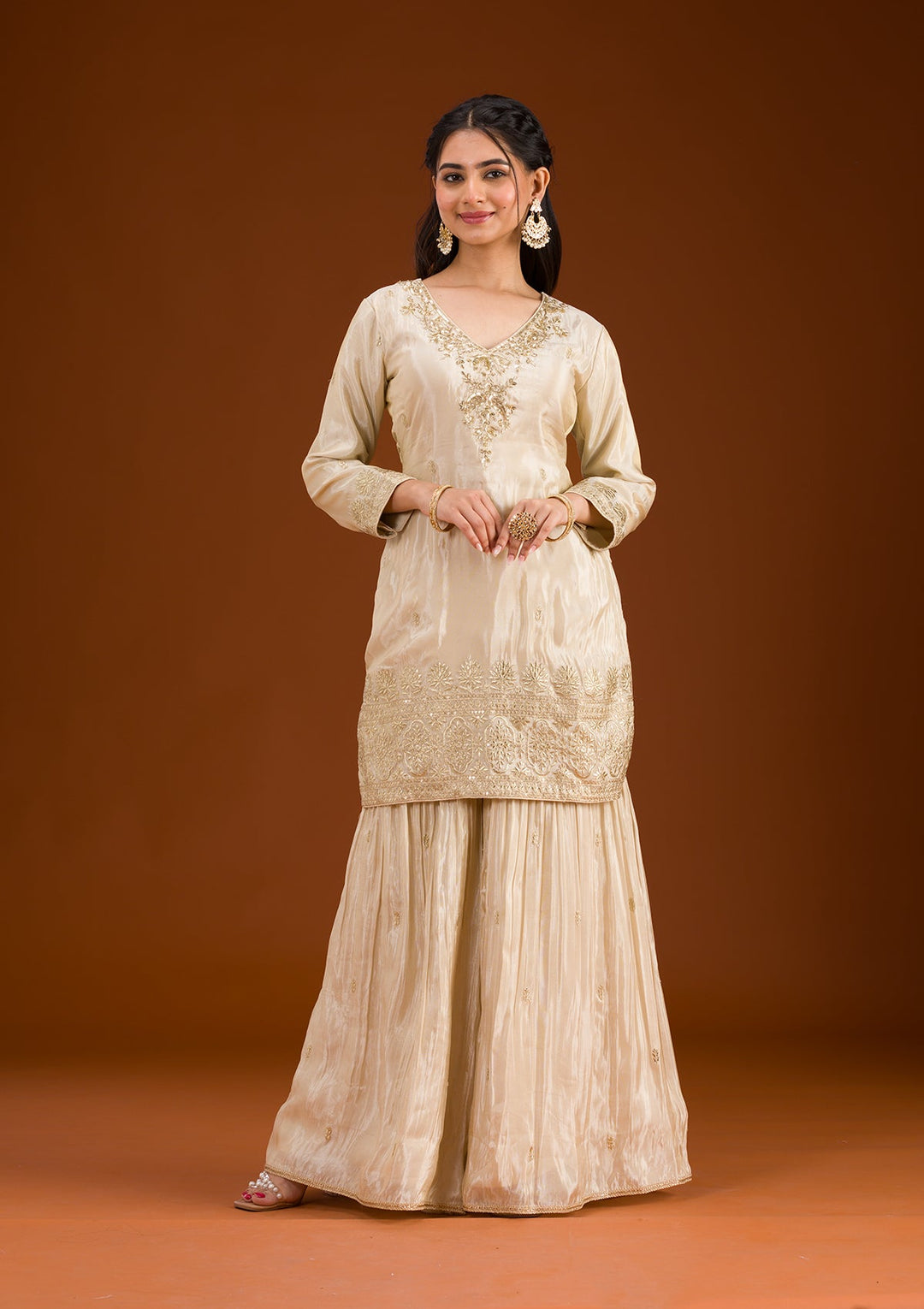 Beige Zariwork Tissue Readymade Salwar Suit