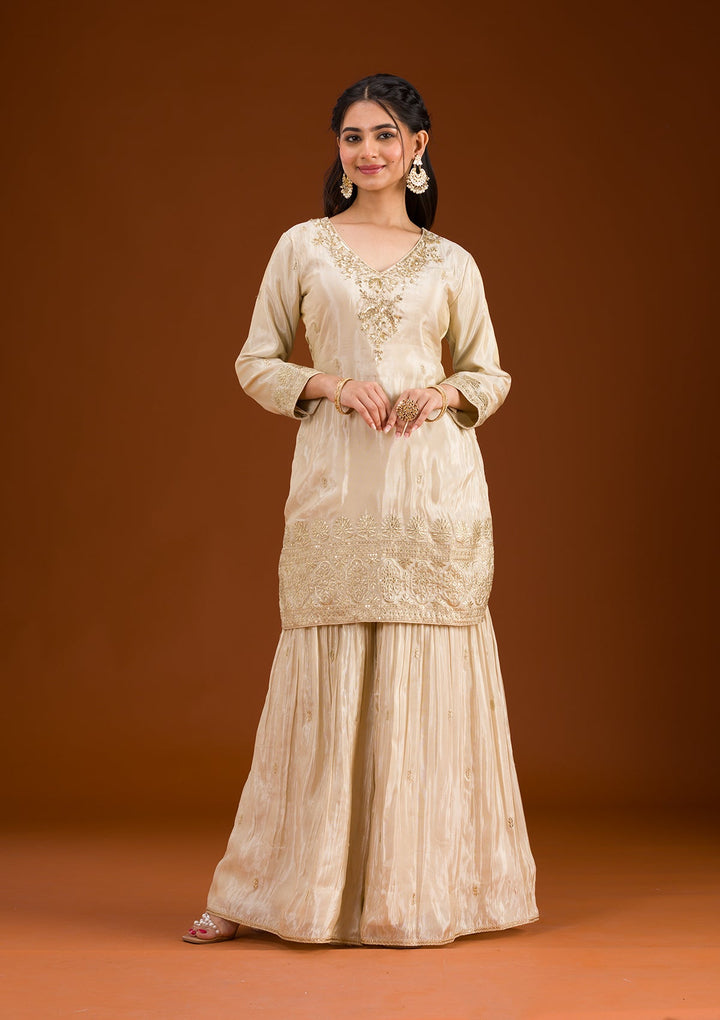 Beige Zariwork Tissue Readymade Salwar Suit