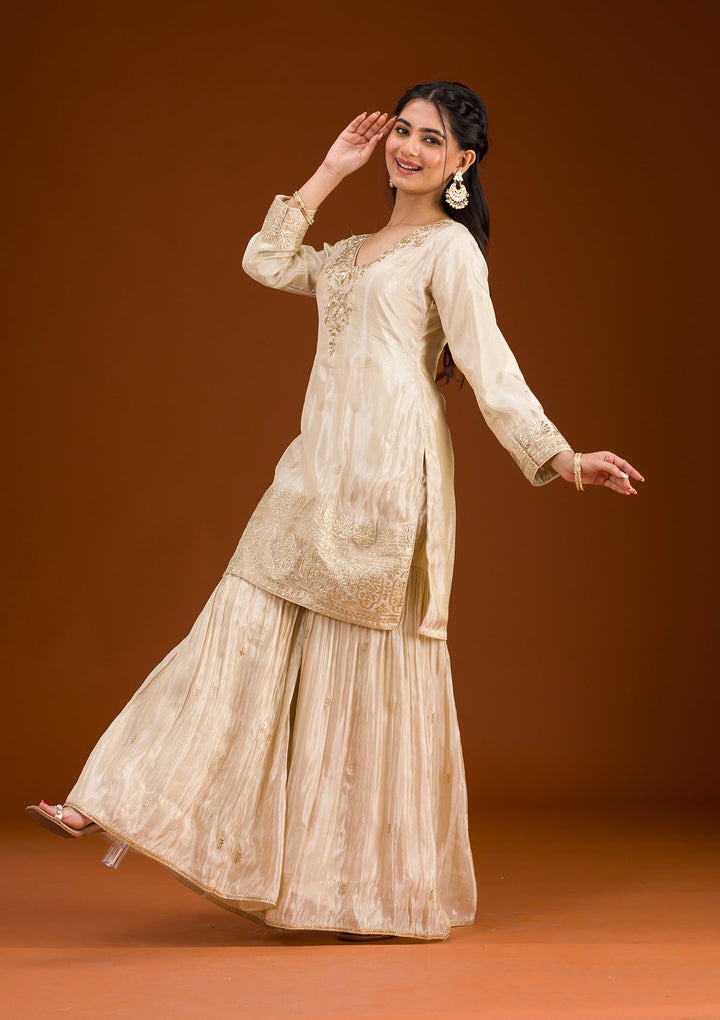 Beige Zariwork Tissue Readymade Salwar Suit