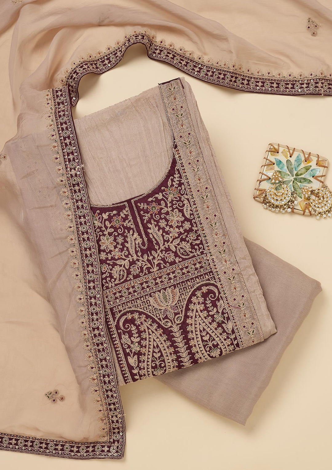 Beige Zariwork Tissue Unstitched Salwar Suit-Koskii