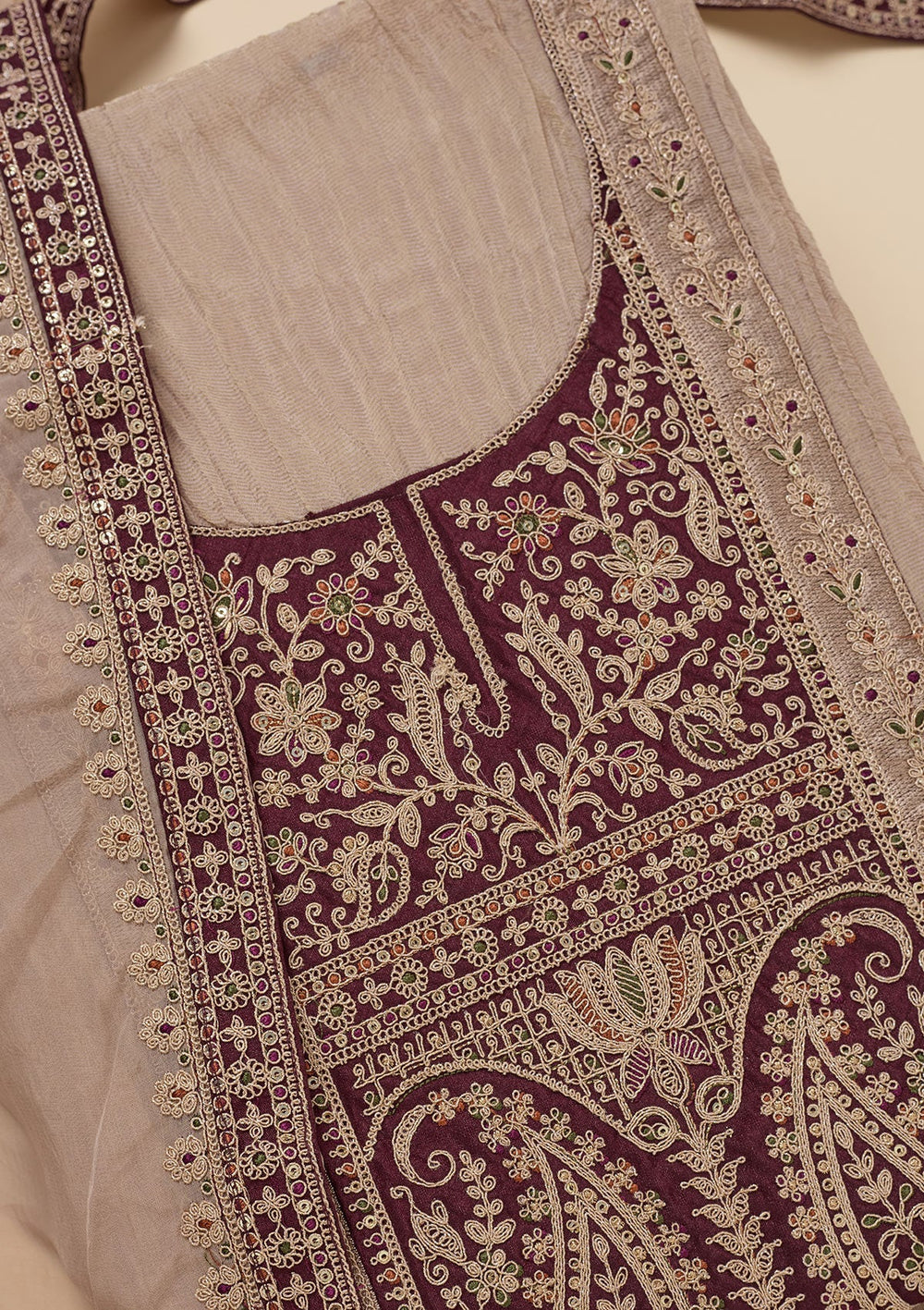 Beige Zariwork Tissue Unstitched Salwar Suit-Koskii