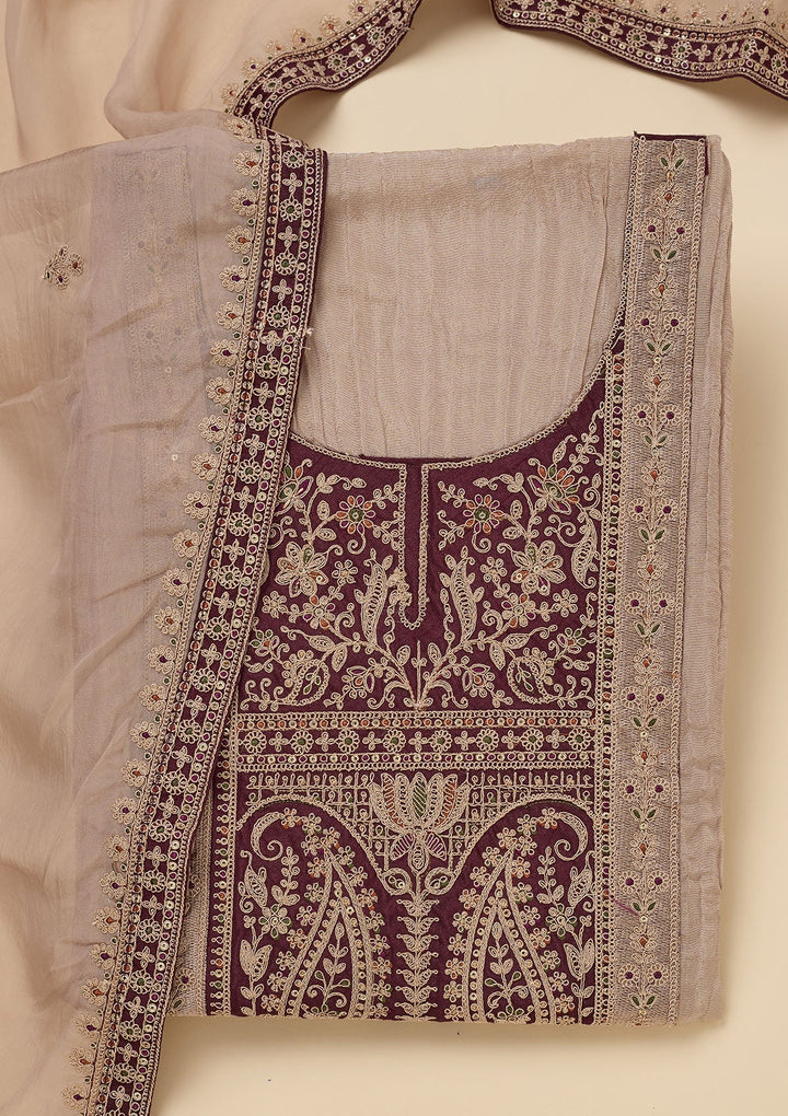 Beige Zariwork Tissue Unstitched Salwar Suit-Koskii