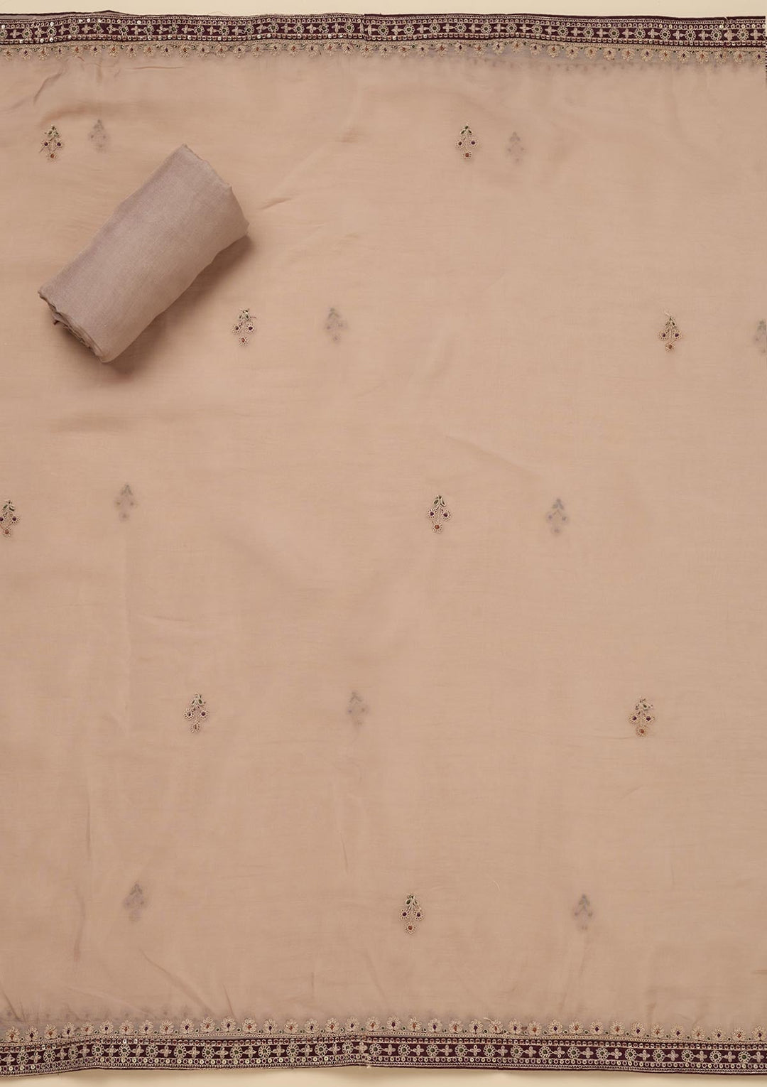 Beige Zariwork Tissue Unstitched Salwar Suit-Koskii
