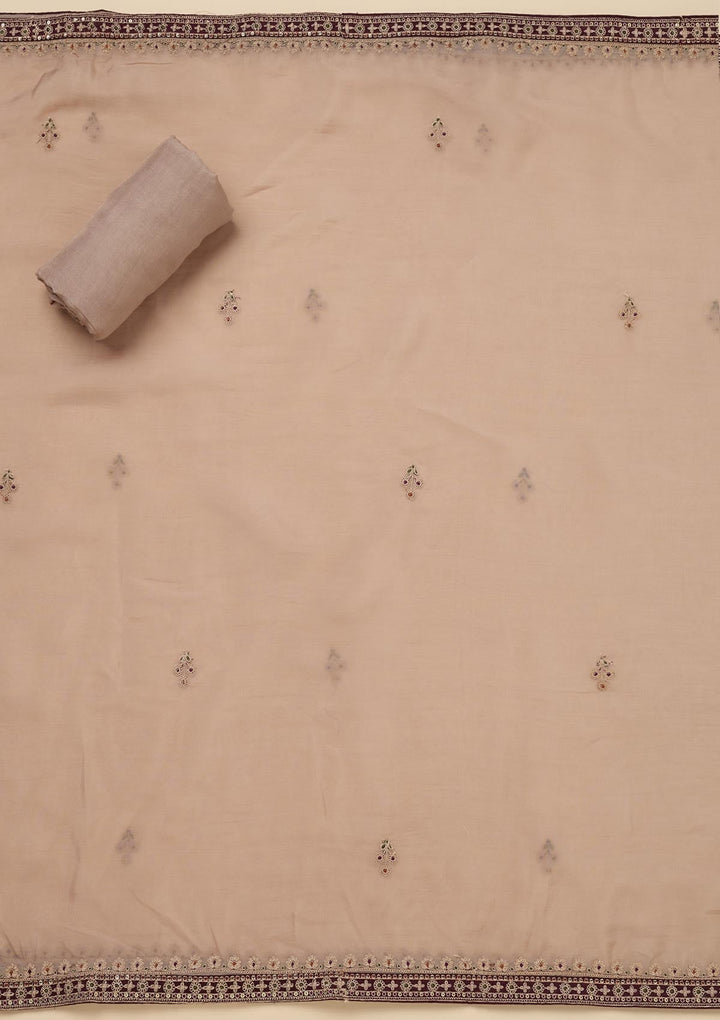 Beige Zariwork Tissue Unstitched Salwar Suit-Koskii