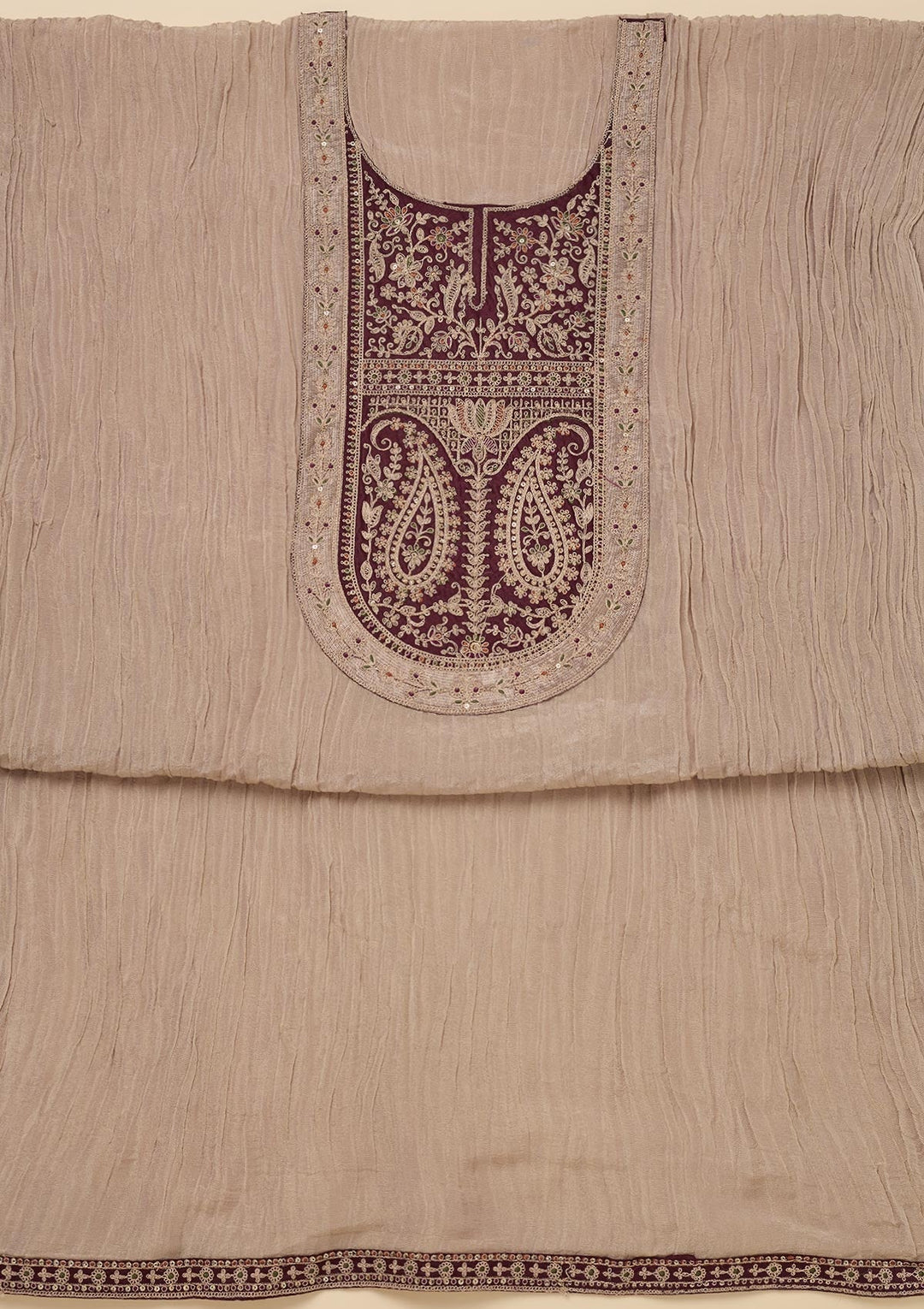 Beige Zariwork Tissue Unstitched Salwar Suit-Koskii