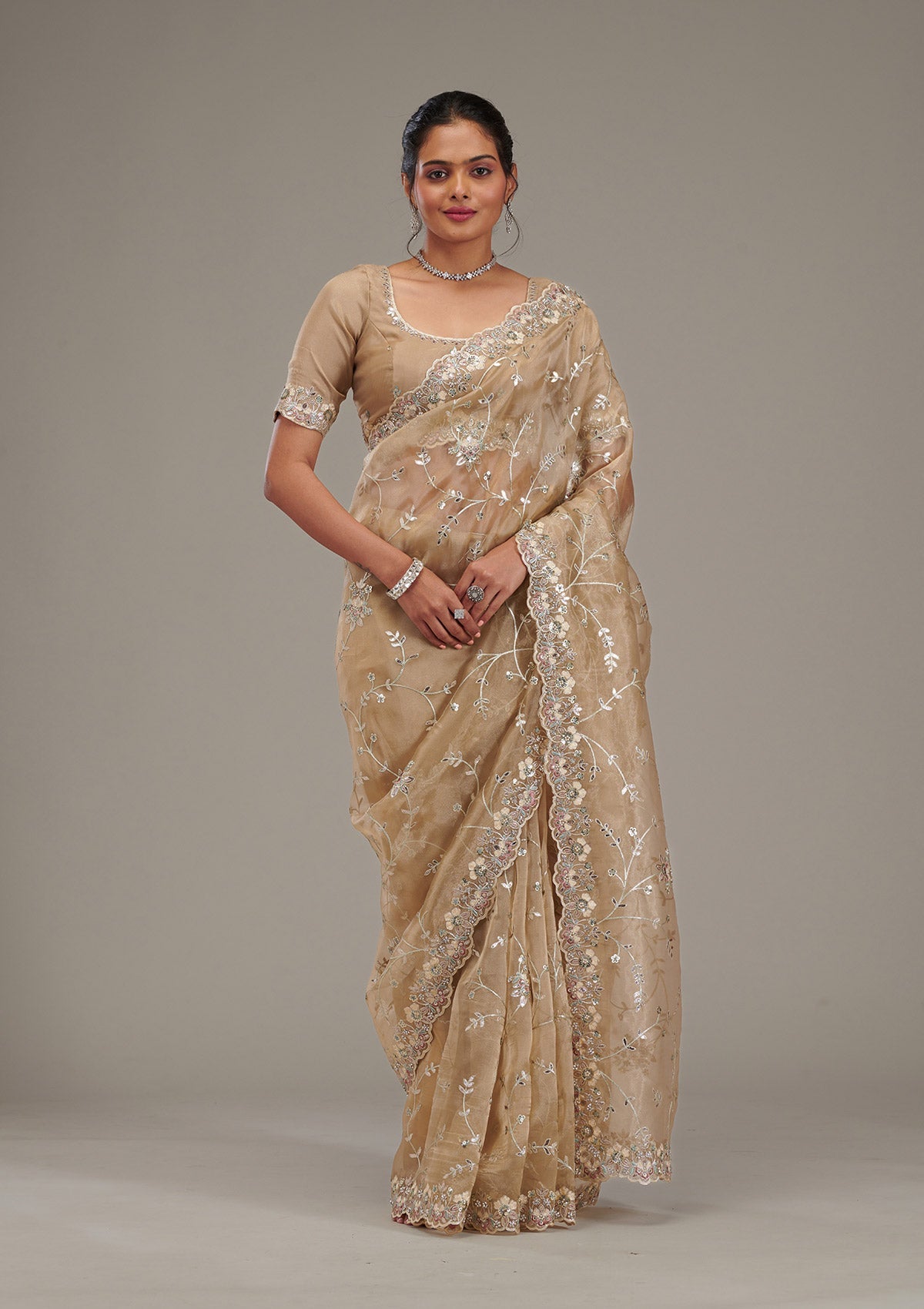 Beige Zariwork Tissue Saree-Koskii