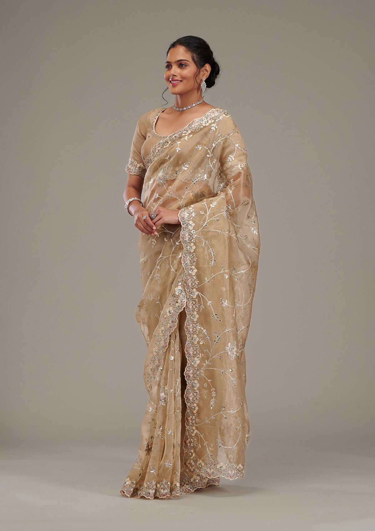 Beige Zariwork Tissue Saree-Koskii