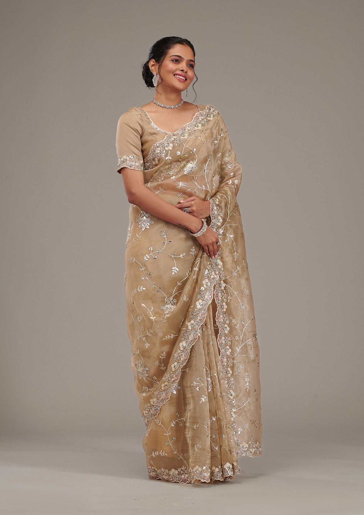 Beige Zariwork Tissue Saree-Koskii