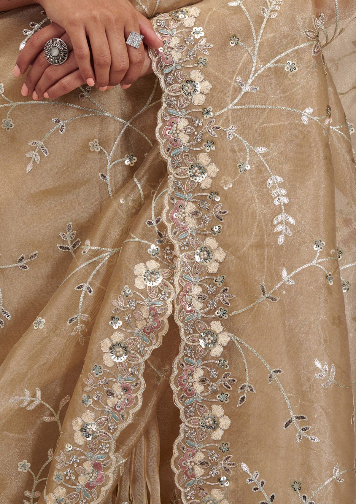 Beige Zariwork Tissue Saree-Koskii