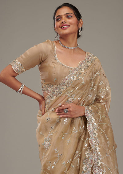 Beige Zariwork Tissue Saree-Koskii