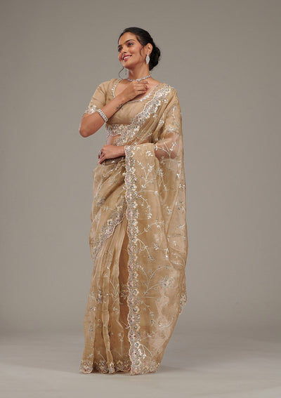 Beige Zariwork Tissue Saree-Koskii