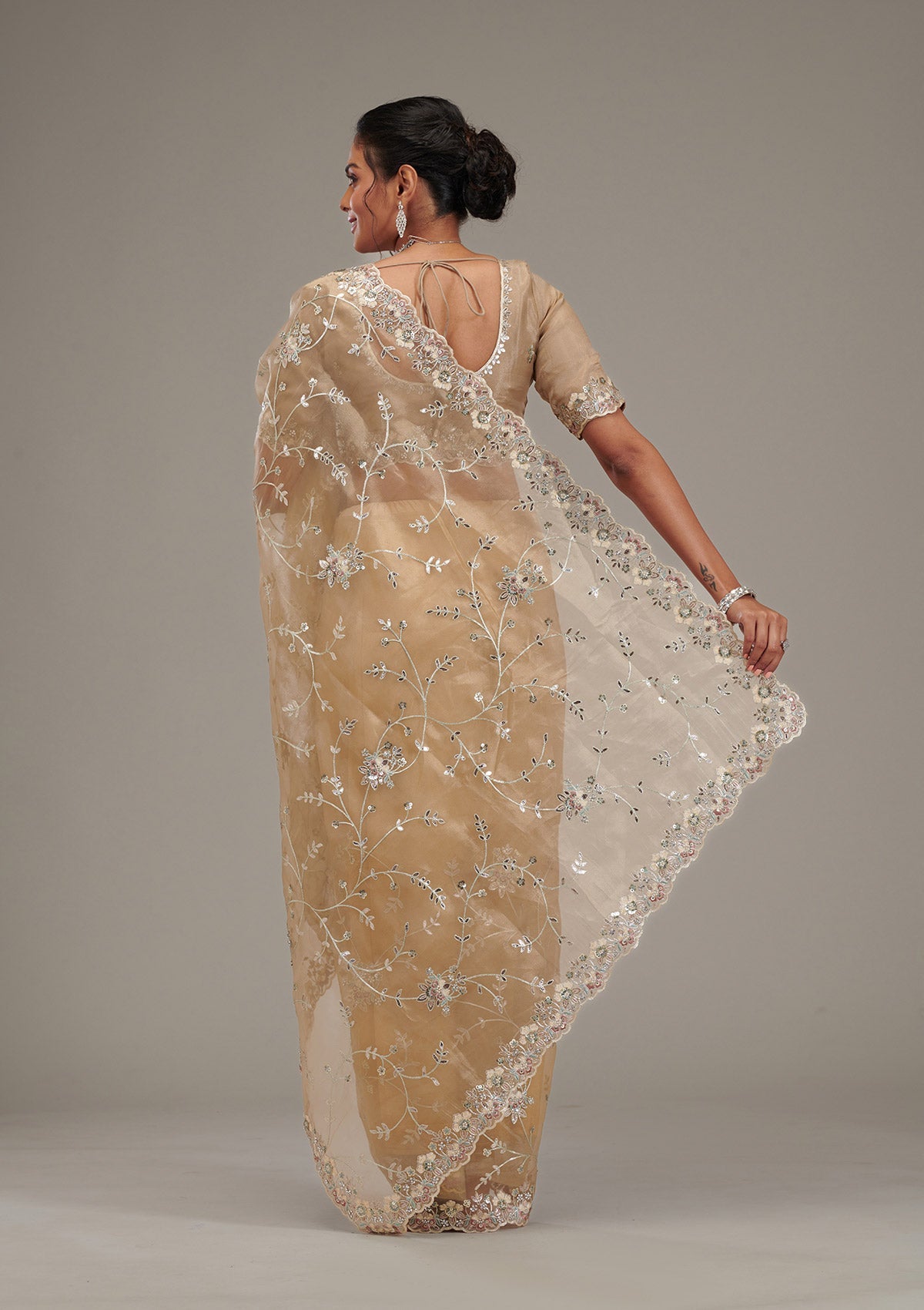 Beige Zariwork Tissue Saree-Koskii