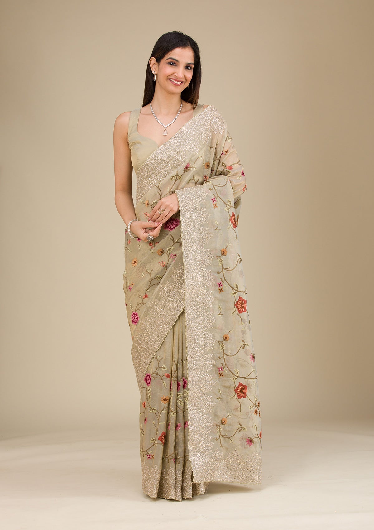 Beige Zariwork Tissue Saree-Koskii