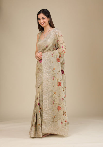 Beige Zariwork Tissue Saree-Koskii