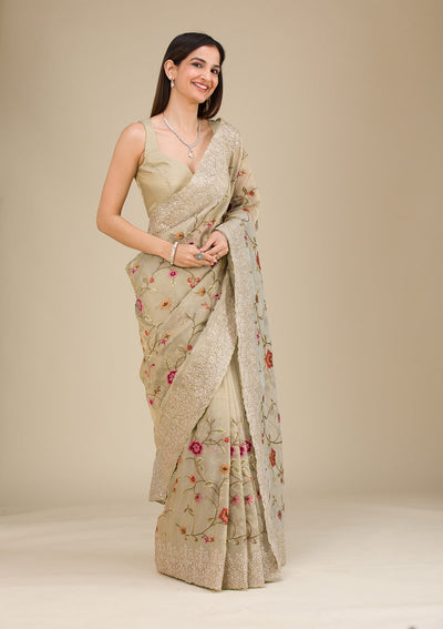 Beige Zariwork Tissue Saree-Koskii