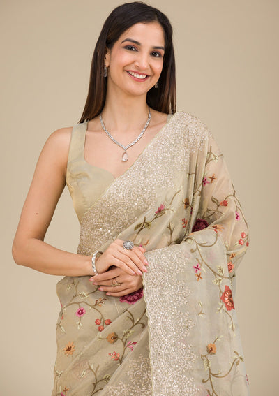 Beige Zariwork Tissue Saree-Koskii