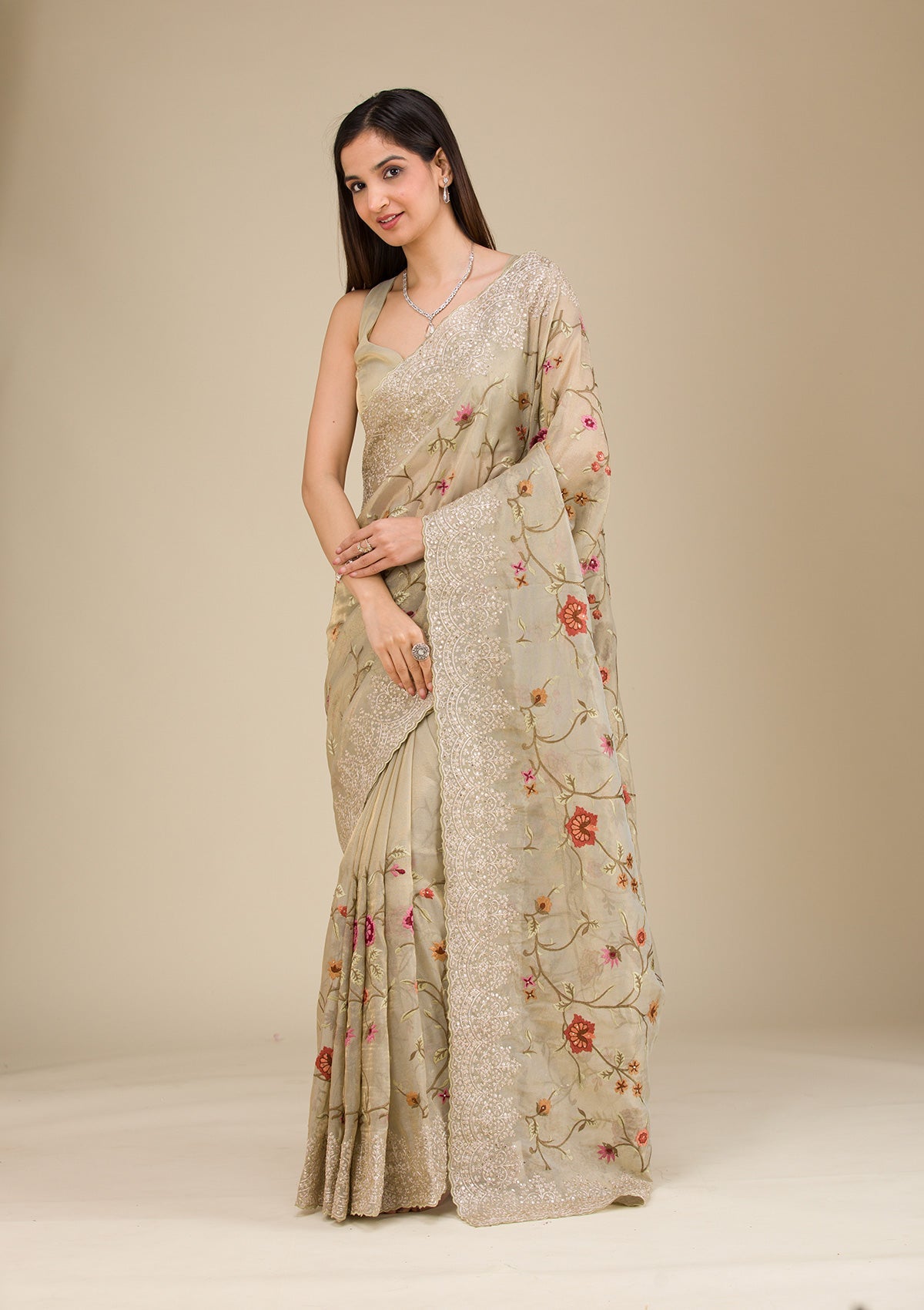 Beige Zariwork Tissue Saree-Koskii