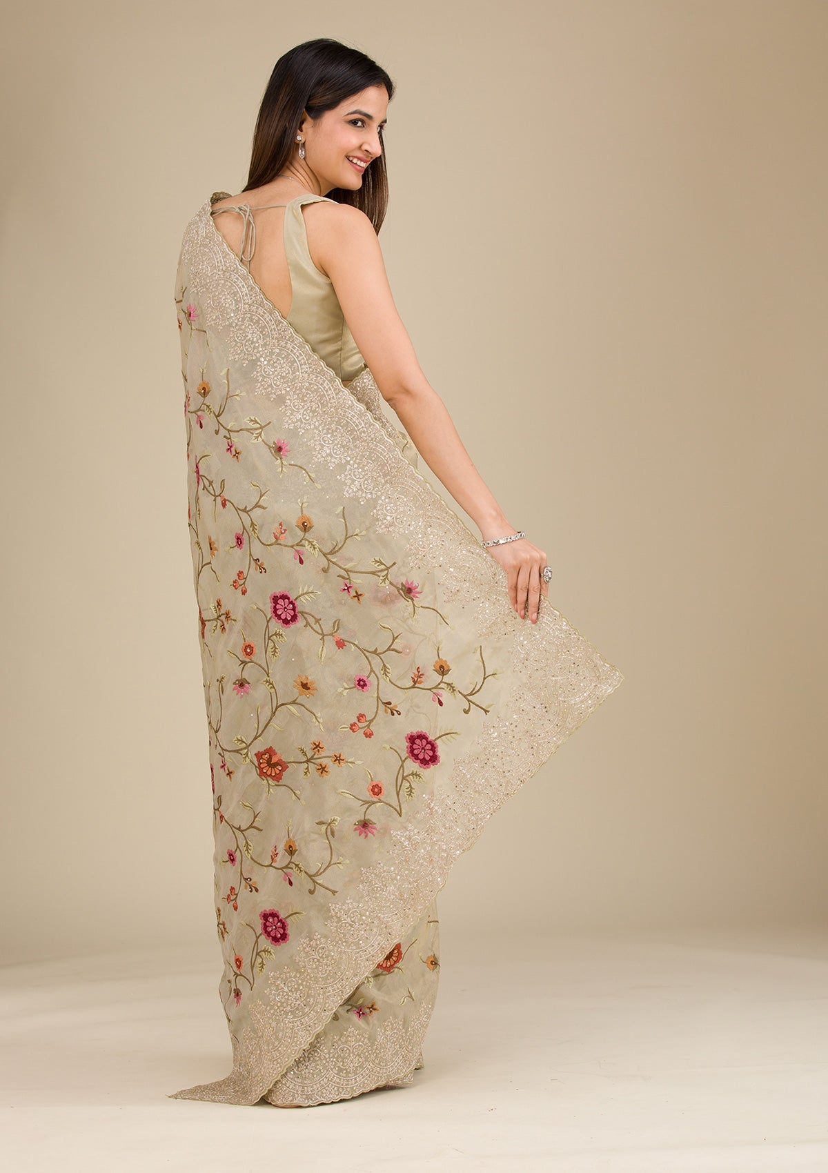 Beige Zariwork Tissue Saree-Koskii