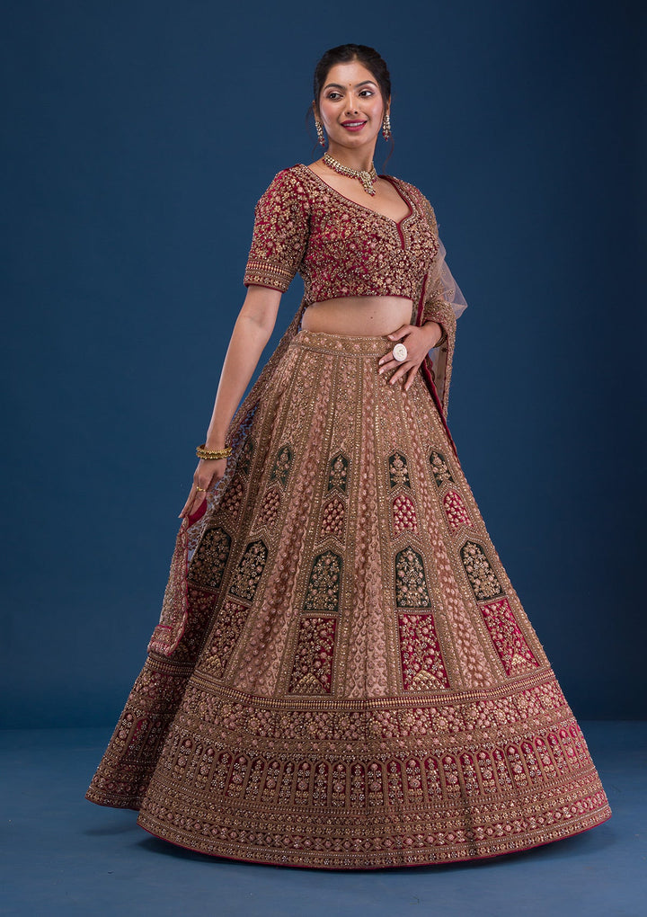 Beige Zariwork Velvet Readymade Lehenga-Koskii