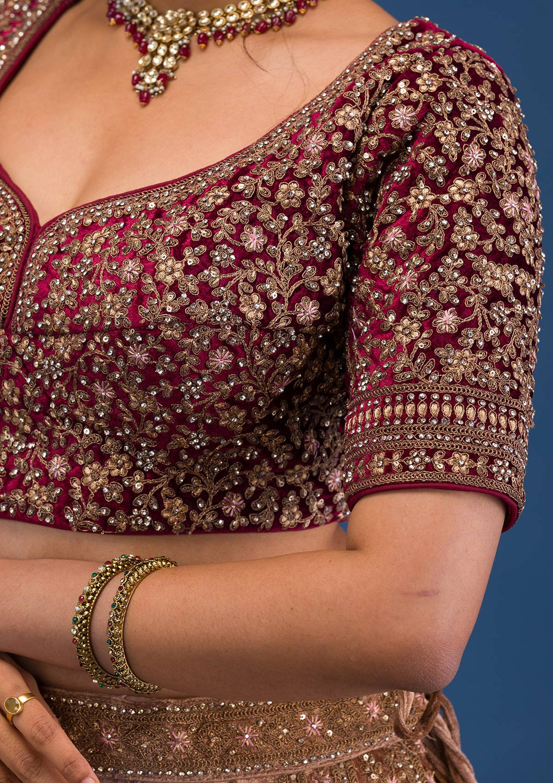Beige Zariwork Velvet Readymade Lehenga-Koskii