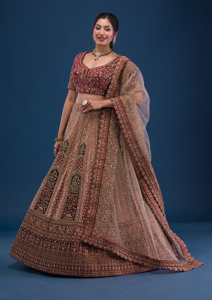 Beige Zariwork Velvet Readymade Lehenga-Koskii