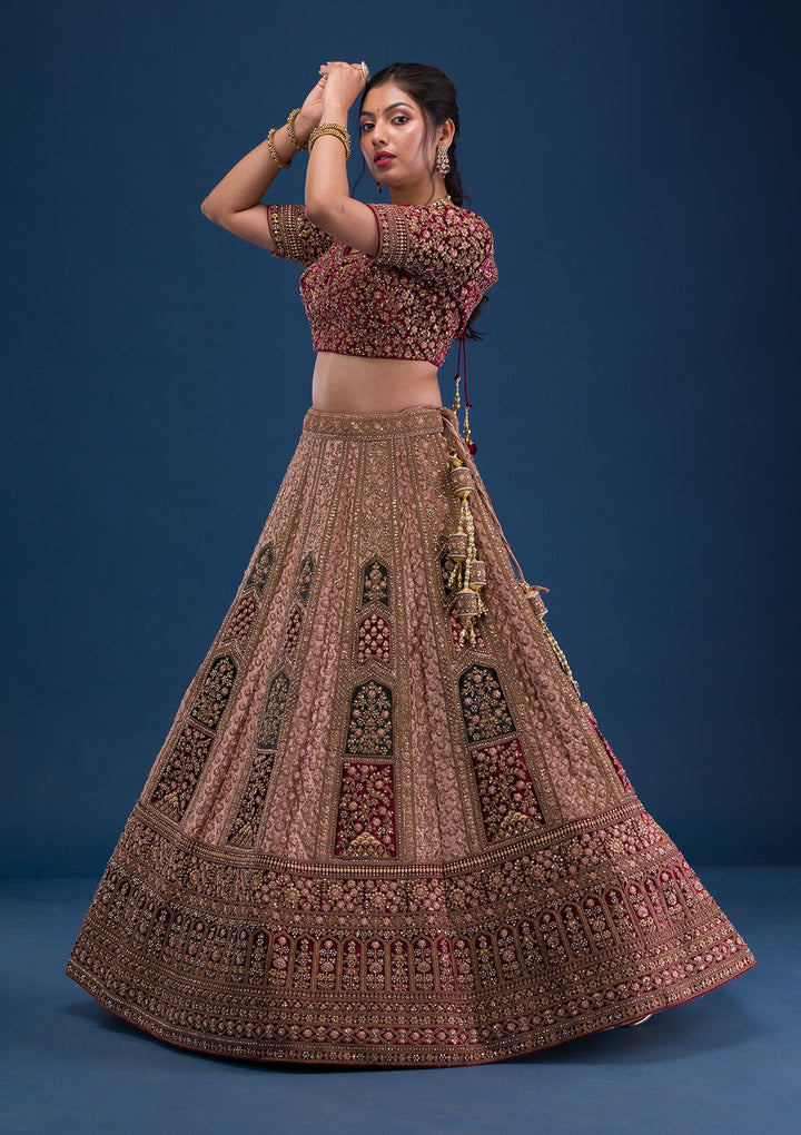 Beige Zariwork Velvet Readymade Lehenga-Koskii