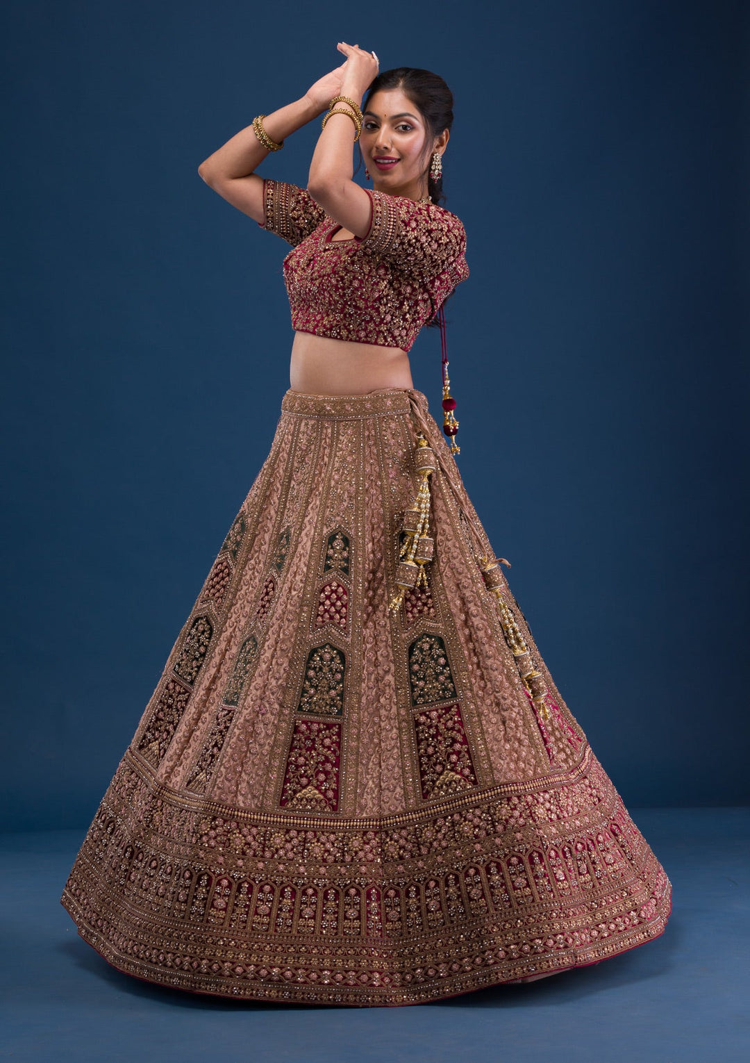 Beige Zariwork Velvet Readymade Lehenga-Koskii