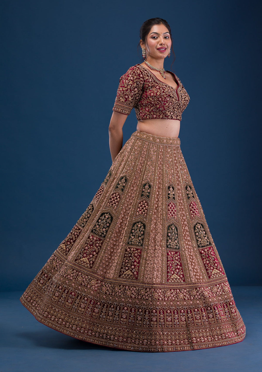 Beige Zariwork Velvet Readymade Lehenga-Koskii