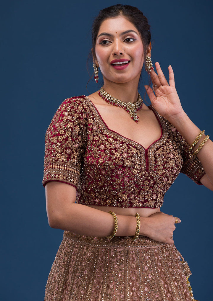 Beige Zariwork Velvet Readymade Lehenga-Koskii