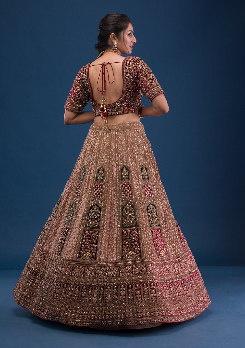 Beige Zariwork Velvet Readymade Lehenga-Koskii