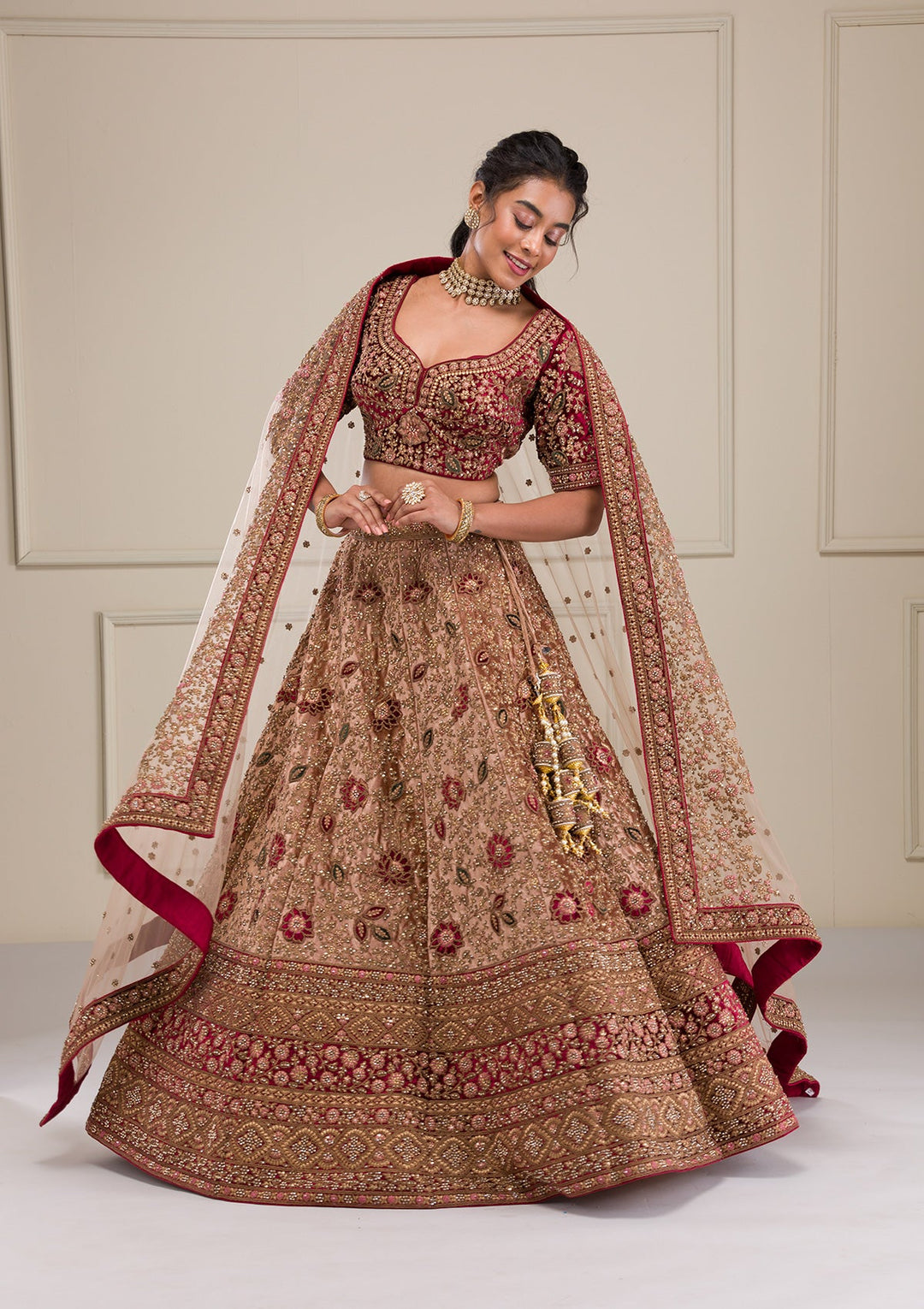 Beige Zariwork Velvet Readymade Lehenga-Koskii