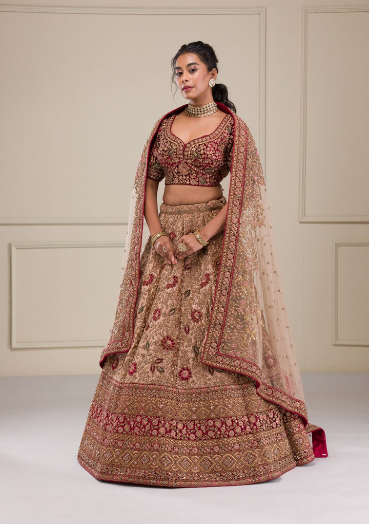 Beige Zariwork Velvet Readymade Lehenga-Koskii