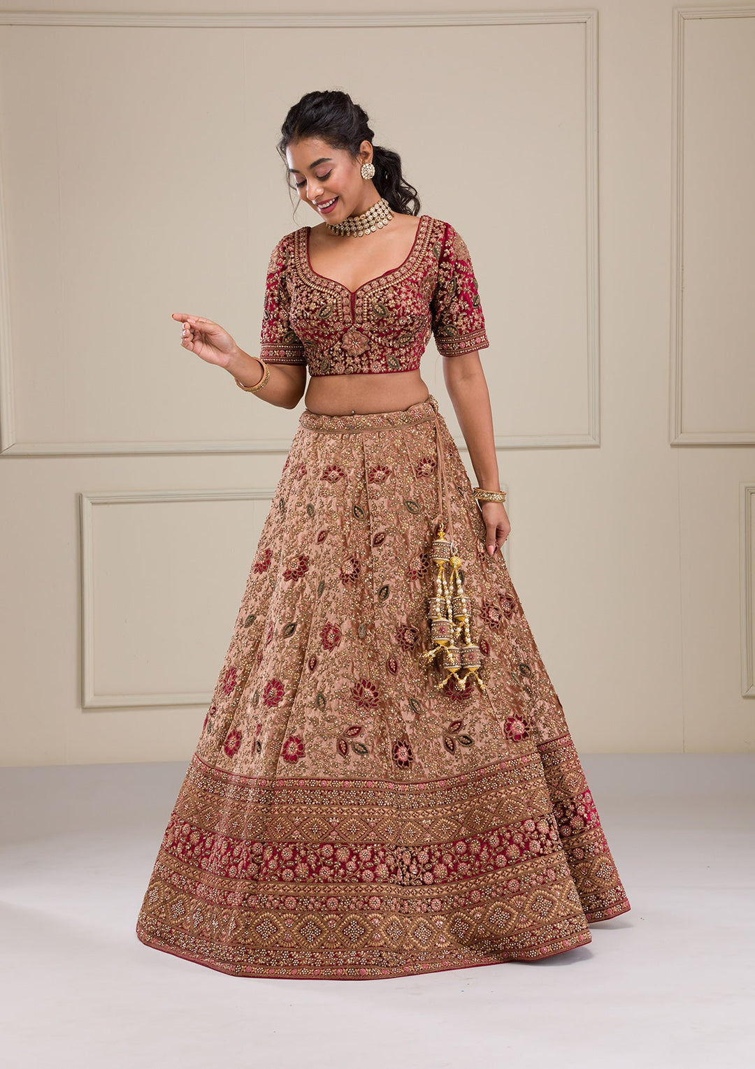 Beige Zariwork Velvet Readymade Lehenga-Koskii