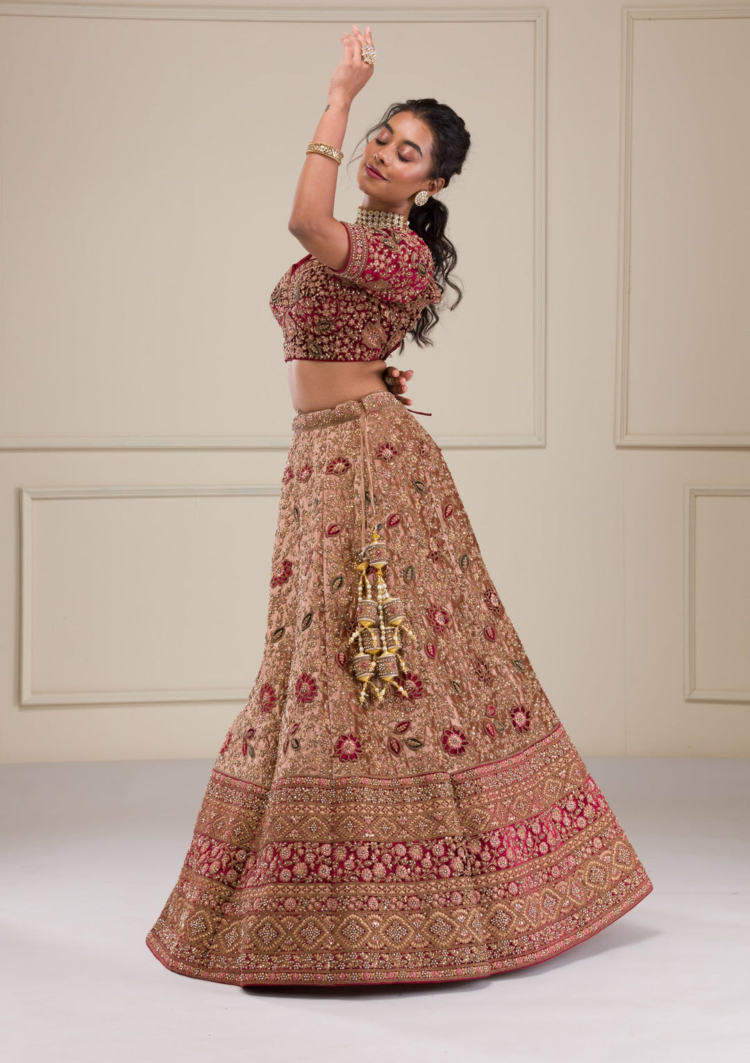 Beige Zariwork Velvet Readymade Lehenga-Koskii