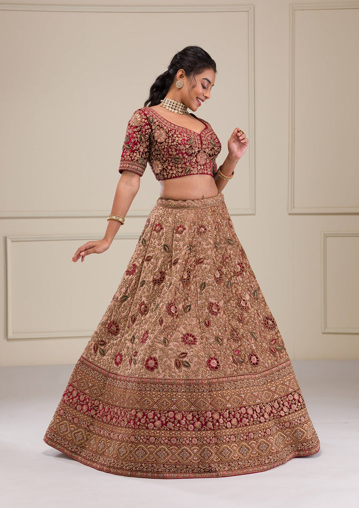 Beige Zariwork Velvet Readymade Lehenga-Koskii
