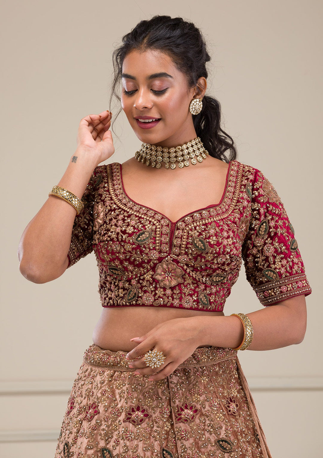 Beige Zariwork Velvet Readymade Lehenga-Koskii