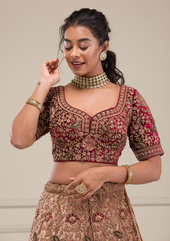 Beige Zariwork Velvet Readymade Lehenga-Koskii
