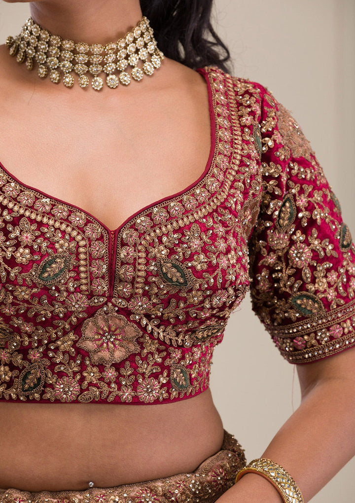Beige Zariwork Velvet Readymade Lehenga-Koskii