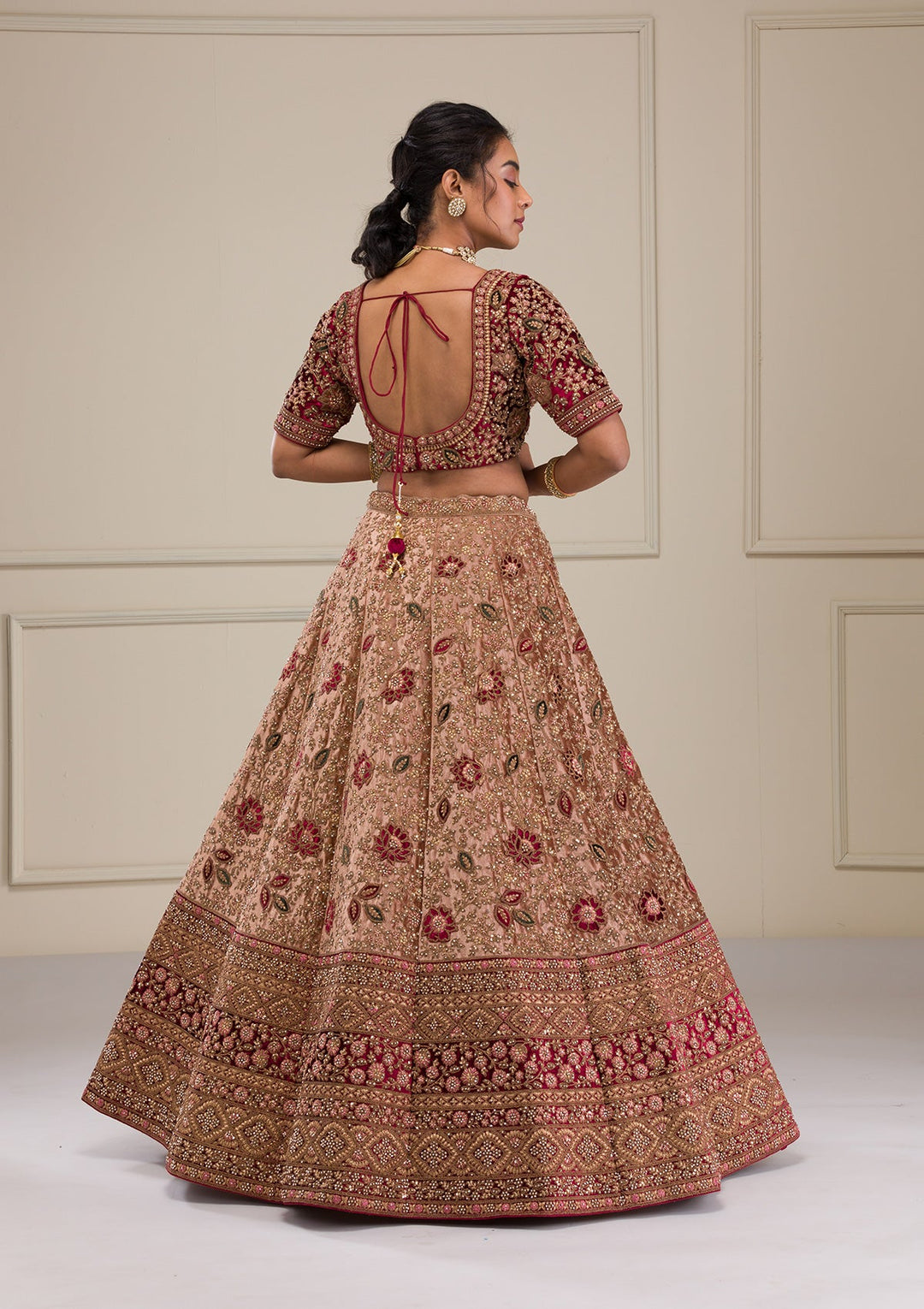 Beige Zariwork Velvet Readymade Lehenga-Koskii