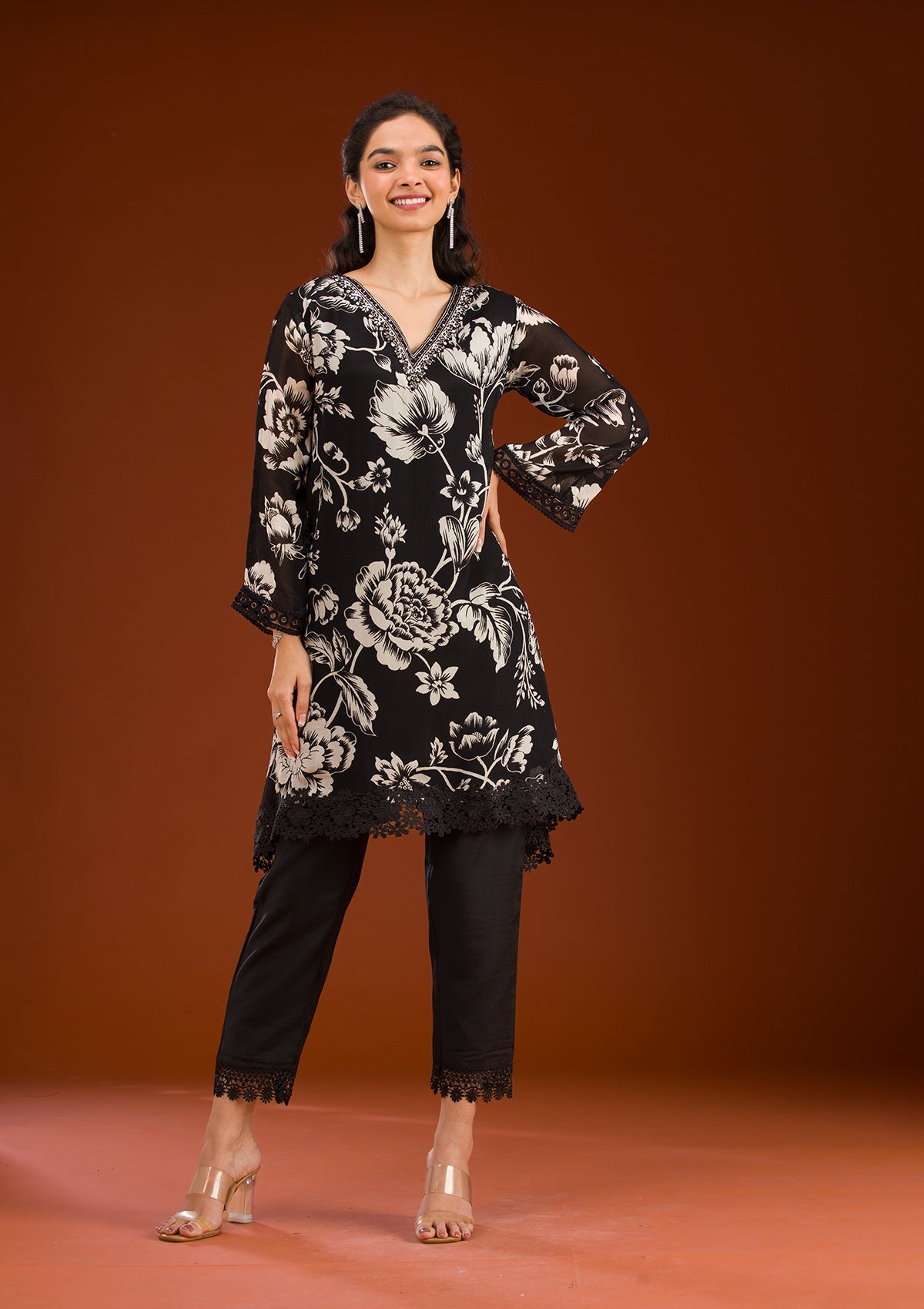 Black Cutdana Semi Crepe Readymade Salwar Suit-Koskii